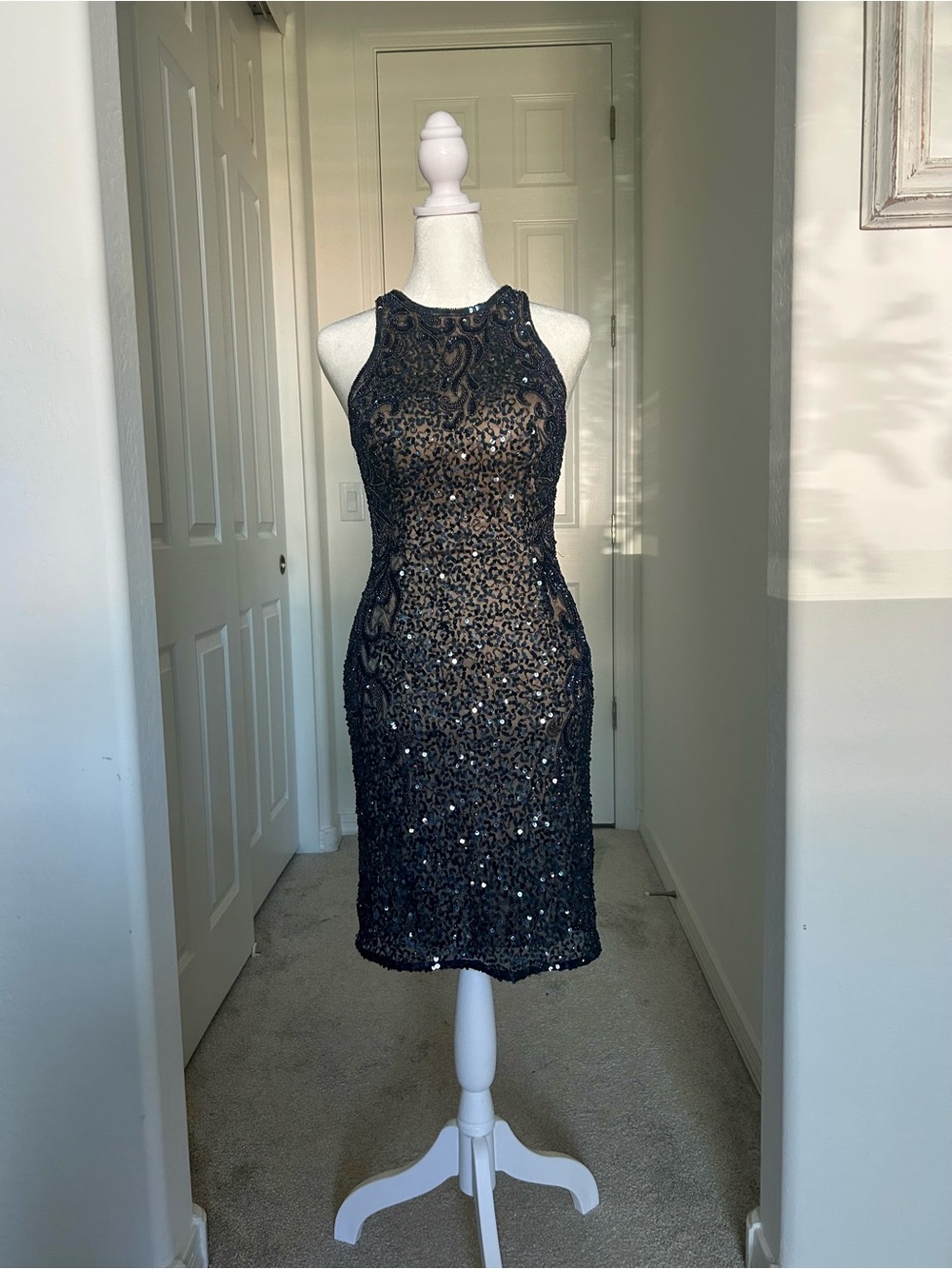 Scala Navy Sequin Midi Dress - Halter Neck